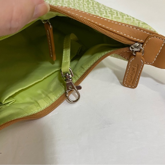 TALBOTS Shoulder Bag Small Top Zipper Single Strap Green Jacquard Tan Leather - Picture 14 of 16